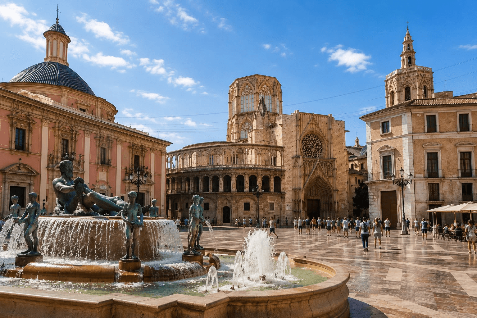 Plaza de la Virgen con la fuente y la Catedral de Valencia